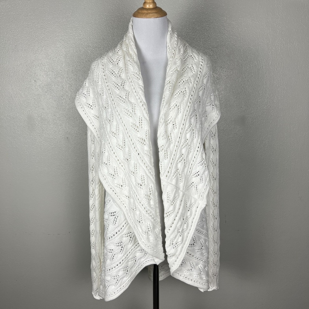 CAbi Cardigan Sweater Large Ivory Cotton Open Knit Crochet Draped Preppy Boho L